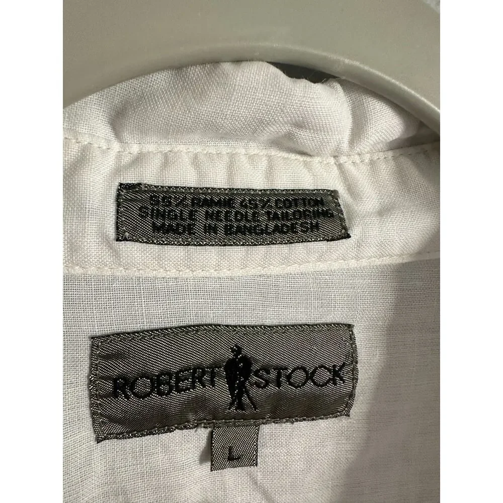 Robert Stock Men's L White Ramie Cotton Button Up Shirt Short Sleeve Beach - Picture 8 of 8